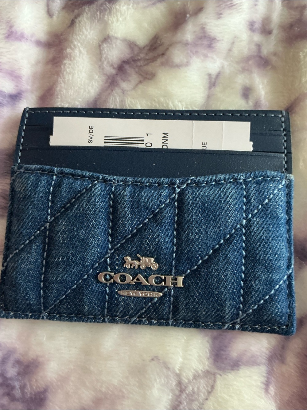 Coach Quilted Denim Card Holder ID Wallet Blue Black Leather